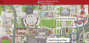Map showing where conference building is in relation to South Campus Plaza